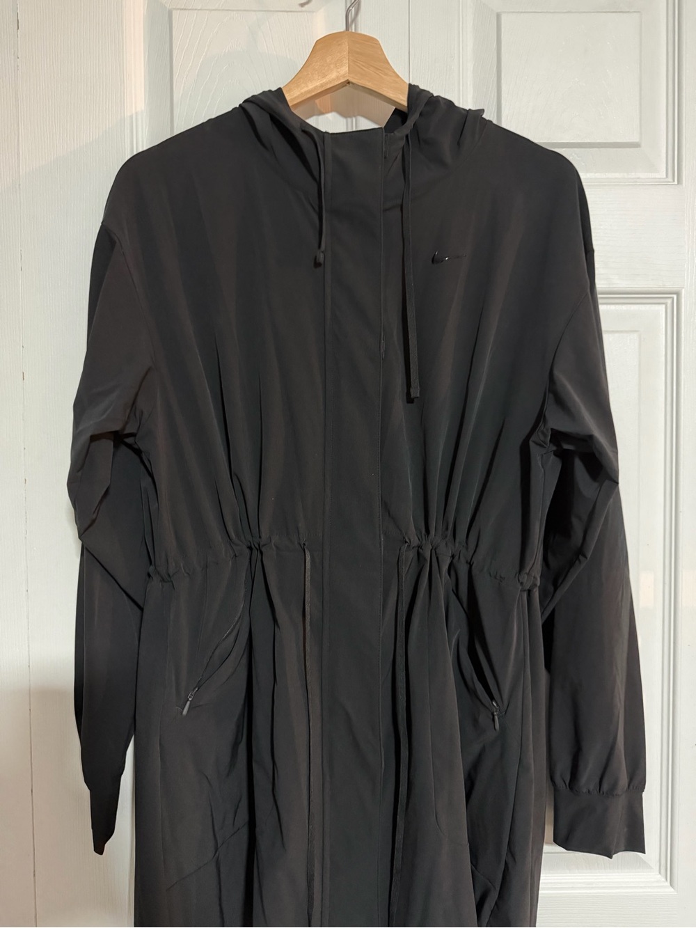 Nike Black Hooded Long Raincoat with Drawcord Waist